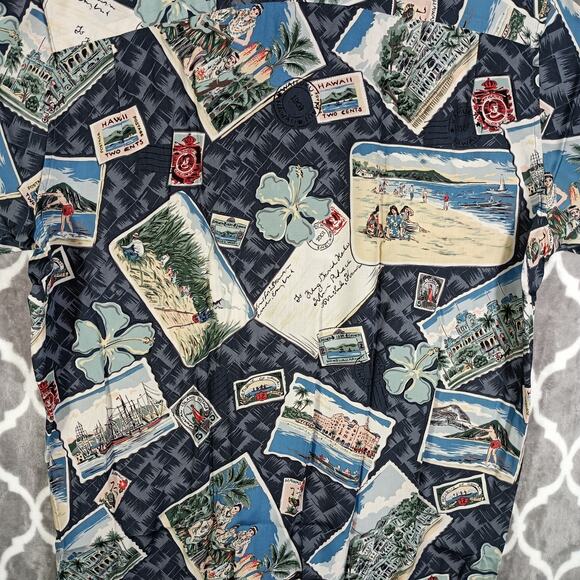 Reyn Spooner Postcard Aloha Shirt Men XL Vintage Travel Ephemera Print - Picture 7 of 8